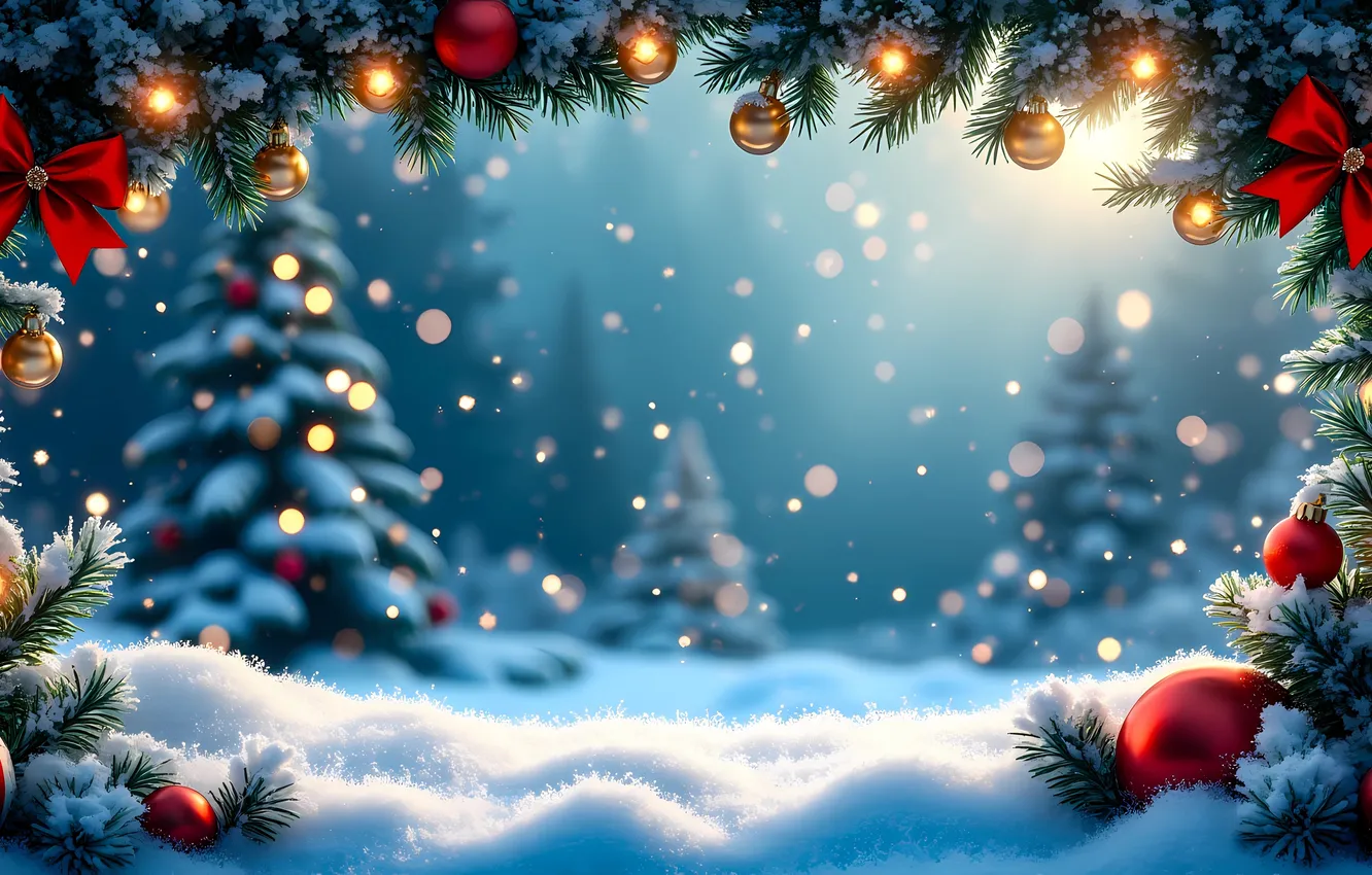 Photo wallpaper winter, forest, balls, light, snow, branches, lights, frame