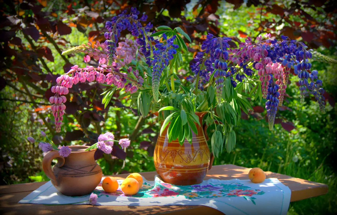 Photo wallpaper bouquet, pitcher, still life, embroidery, apricots, lupins