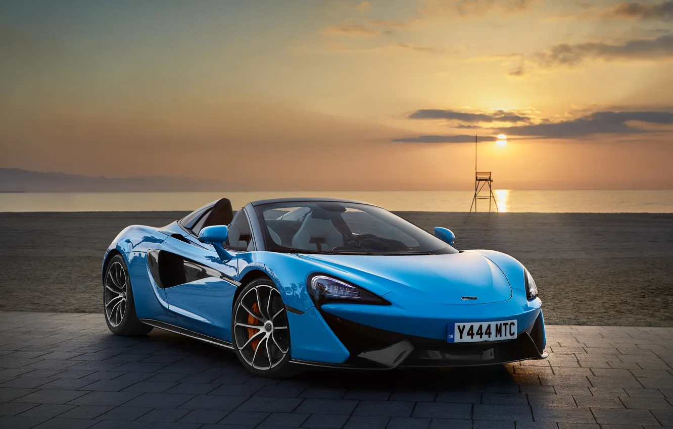 Photo wallpaper sea, sunset, McLaren, convertible, blue, Spider, 570S