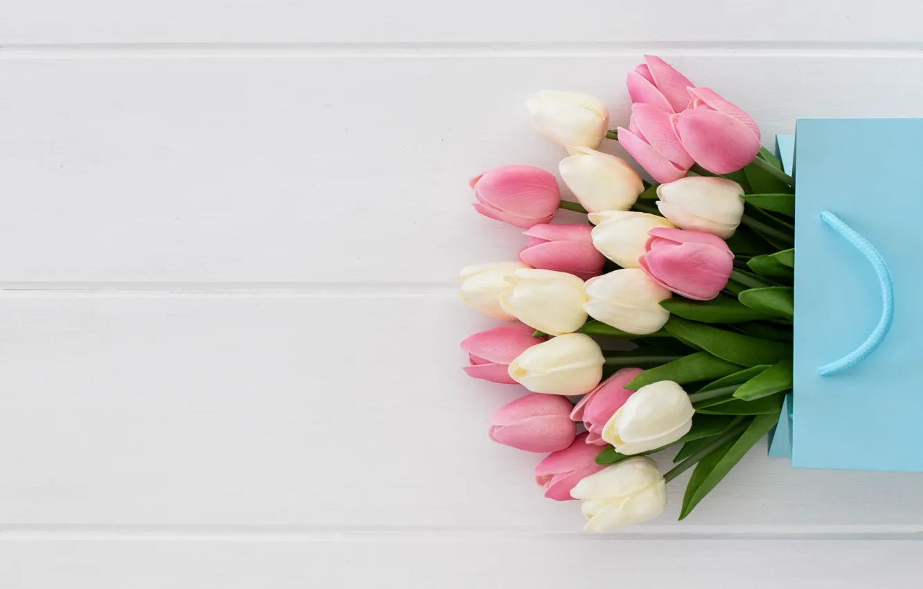 Photo wallpaper gift, bouquet, tulips, packaging