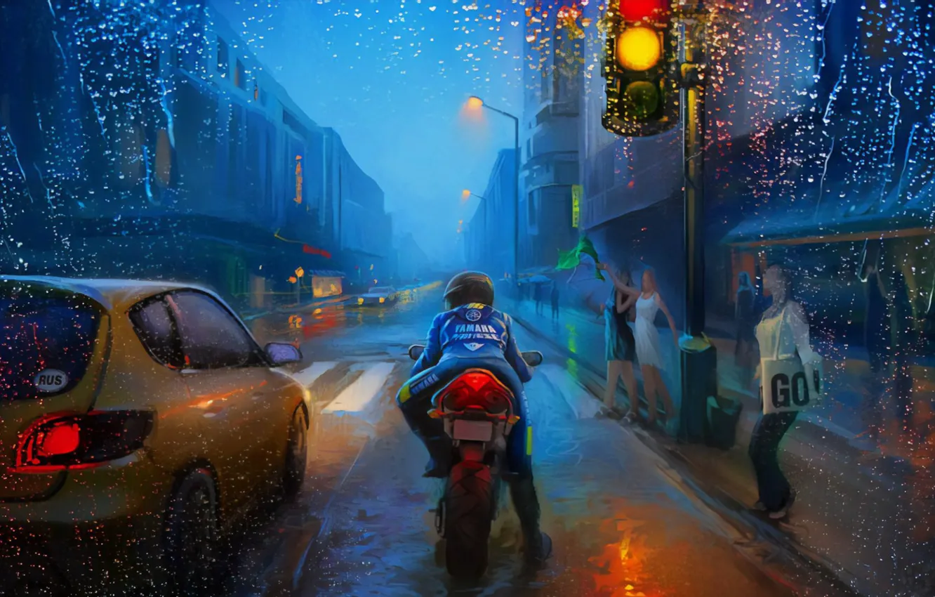 Photo wallpaper Art, Street, Rain, Bike