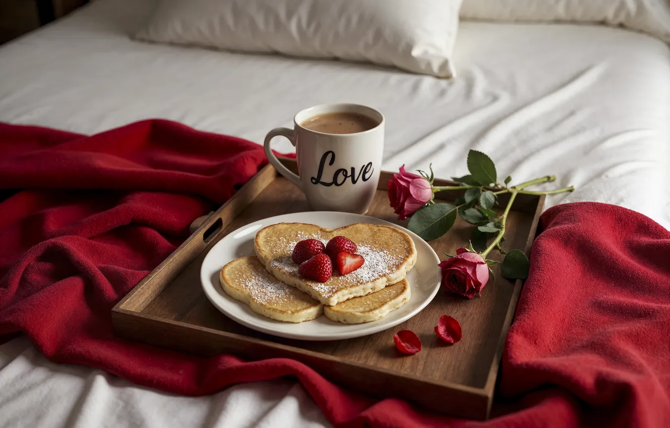 Photo wallpaper love, flowers, romance, heart, roses, Breakfast, love, pancakes