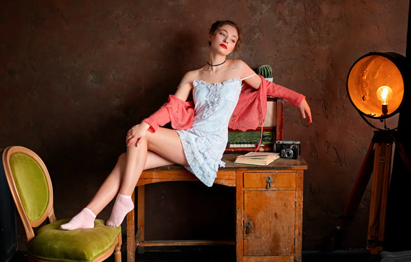 Photo wallpaper girl, pose, table, watch, chair, spotlight, Sergey Olszewski, Alexander Misharin