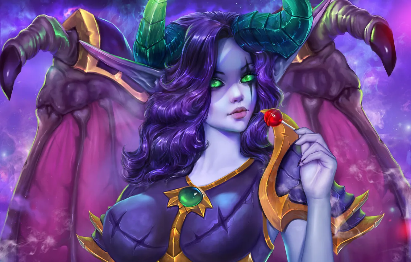 Photo wallpaper girl, face, style, elf, lollipops, horns, girl, elf