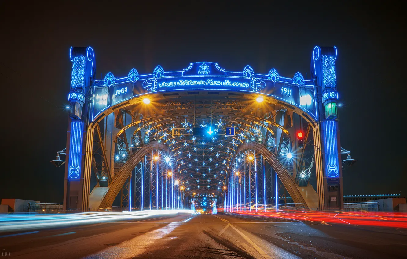 Photo wallpaper road, bridge, Saint Petersburg, Russia, illumination, Bolsheokhtinsky bridge
