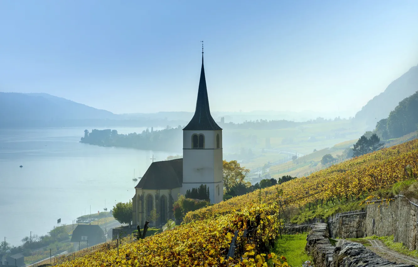 Photo wallpaper flowers, lake, sunrise, bay, church, religion