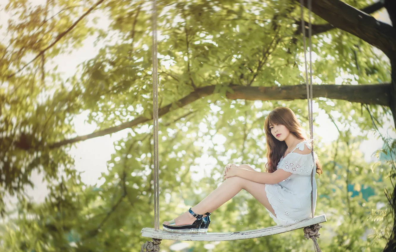 Photo wallpaper summer, girl, swing