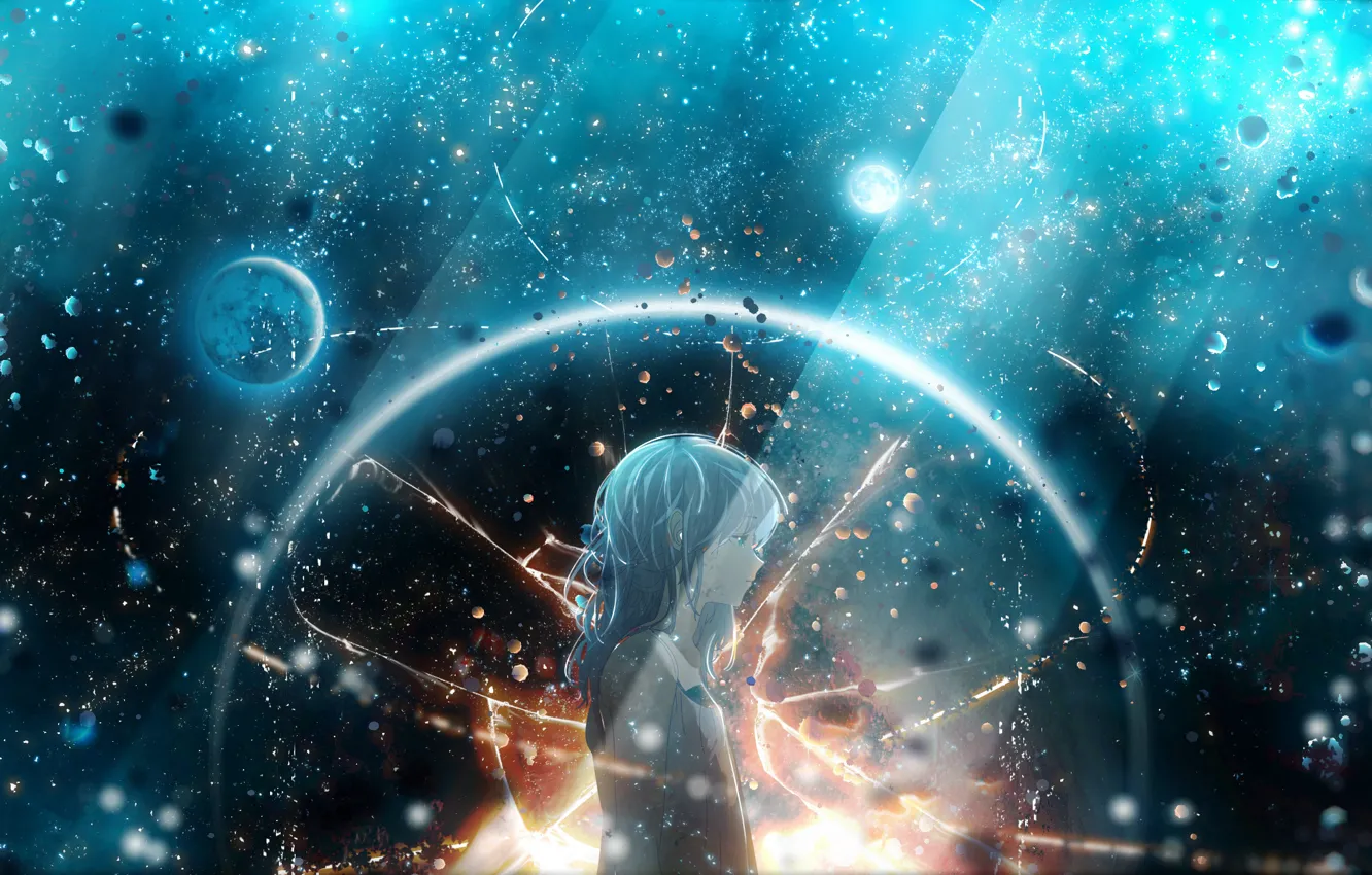 Photo wallpaper girl, space, cracked, planet