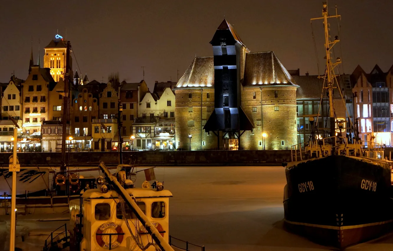 Photo wallpaper winter, night, lights, ship, home, Poland, promenade, Gdansk