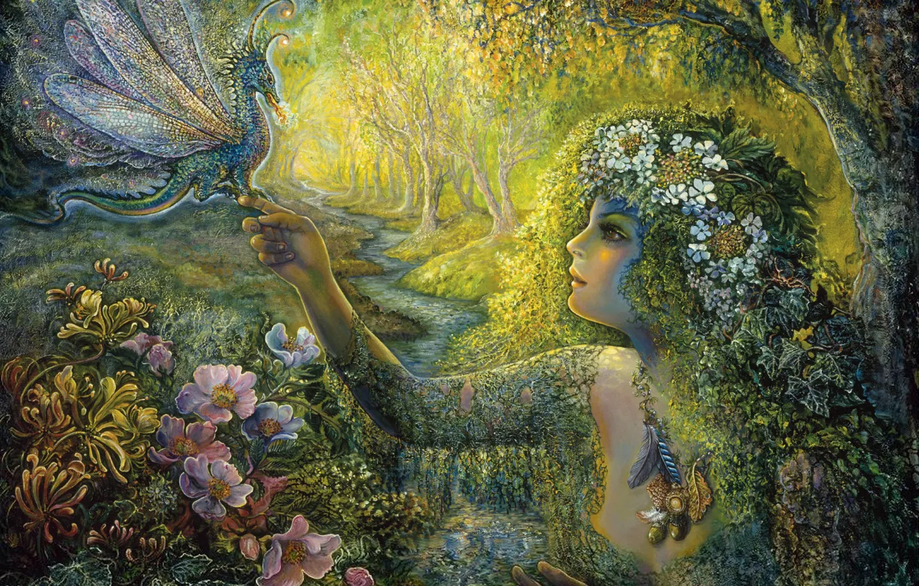 Photo wallpaper leaves, trees, flowers, face, surrealism, dragon, picture, painting