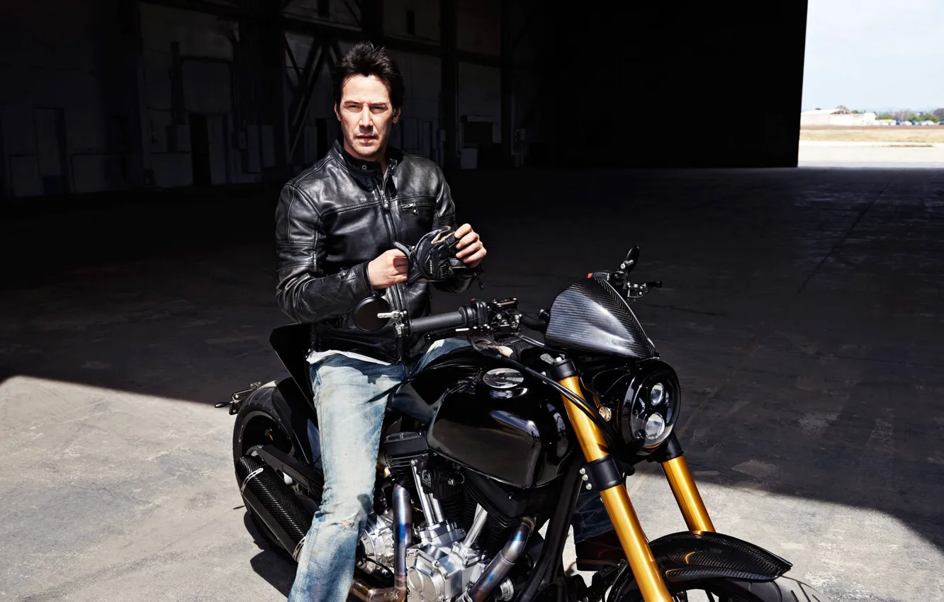 Photo wallpaper jeans, garage, jacket, motorcycle, male, Keanu Reeves, Keanu reeves