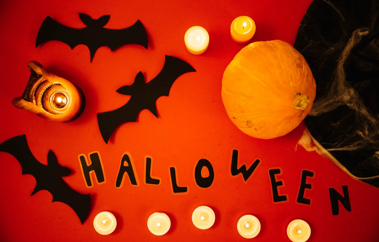 Photo wallpaper holiday, the inscription, hat, candles, pumpkin, Halloween