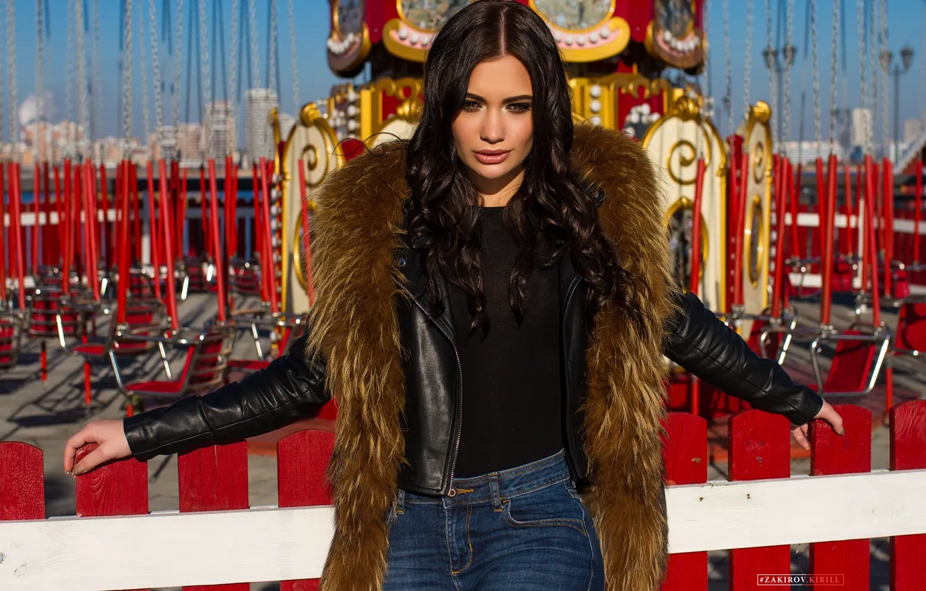 Photo wallpaper pose, brunette, jacket, fur, carousel, curls, Cyril Zakirov, Valeria Queen