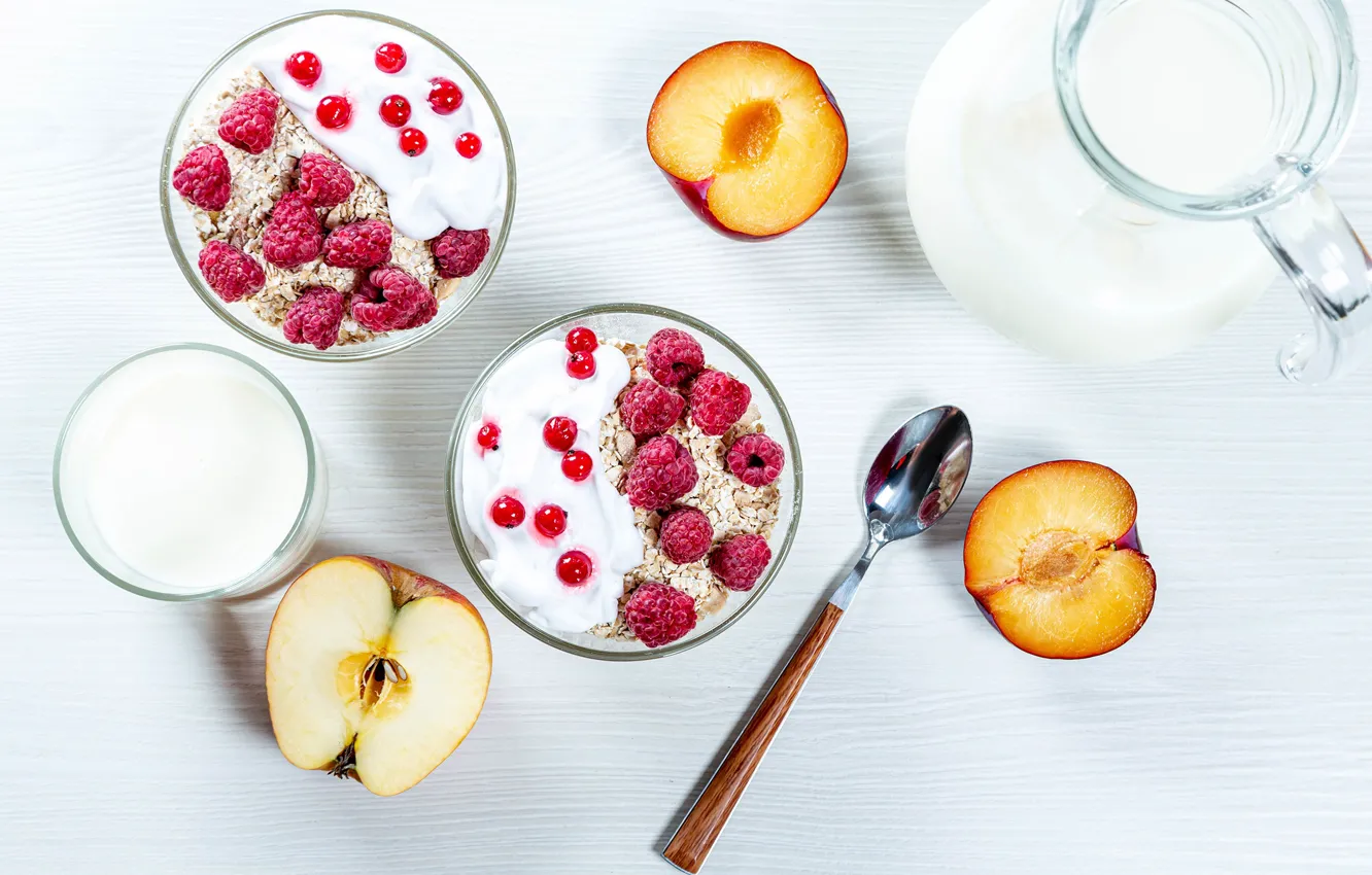 Photo wallpaper raspberry, milk, berry, spoon, peaches, muesli
