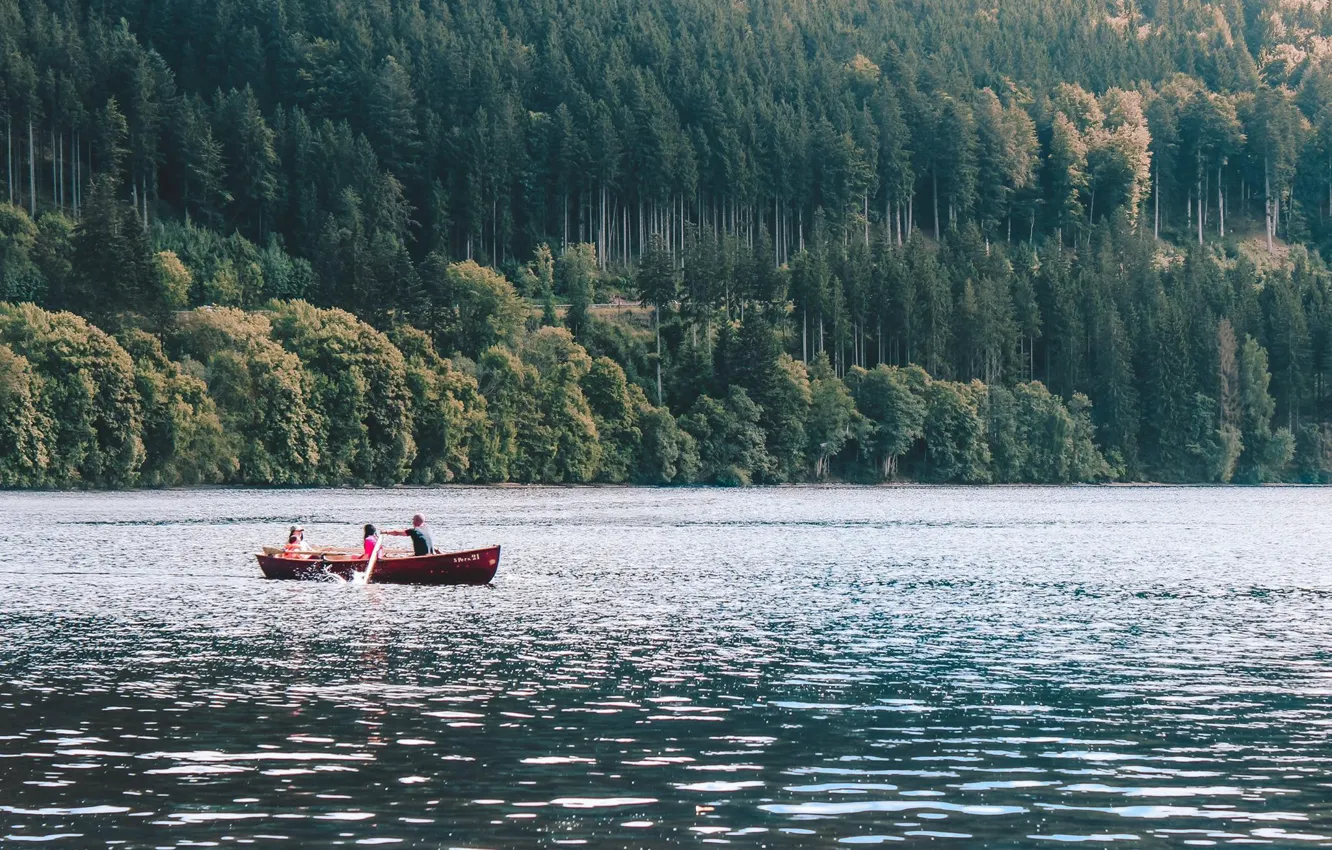 Photo wallpaper forest, trees, mountains, lake, boat