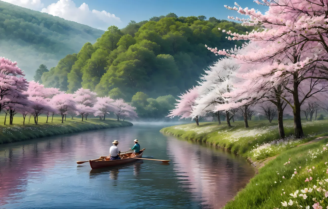 Photo wallpaper trees, boat, people, river, digital art, AI art, The Art of Artificial Intelligence, neural network