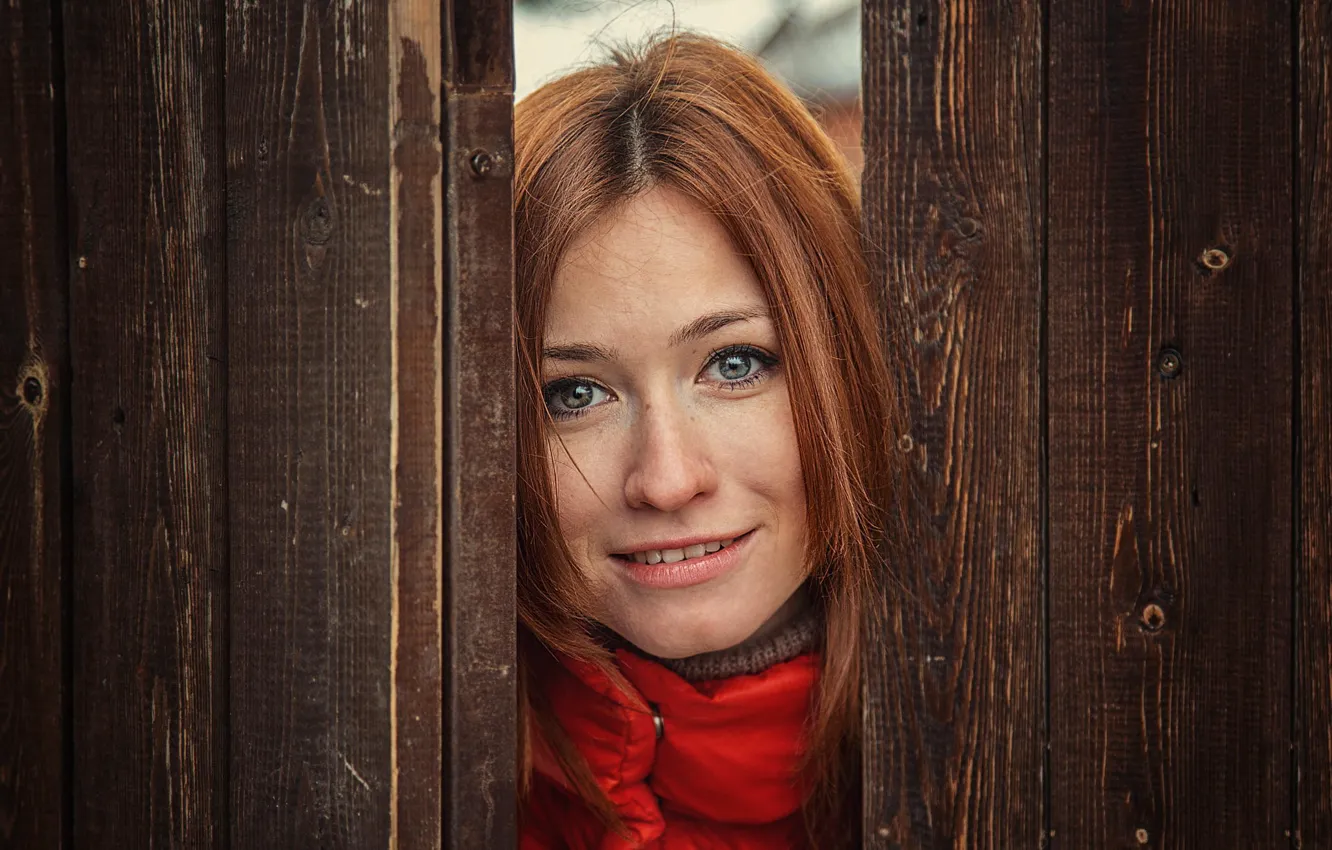 Photo wallpaper smile, the fence, portrait, redhead