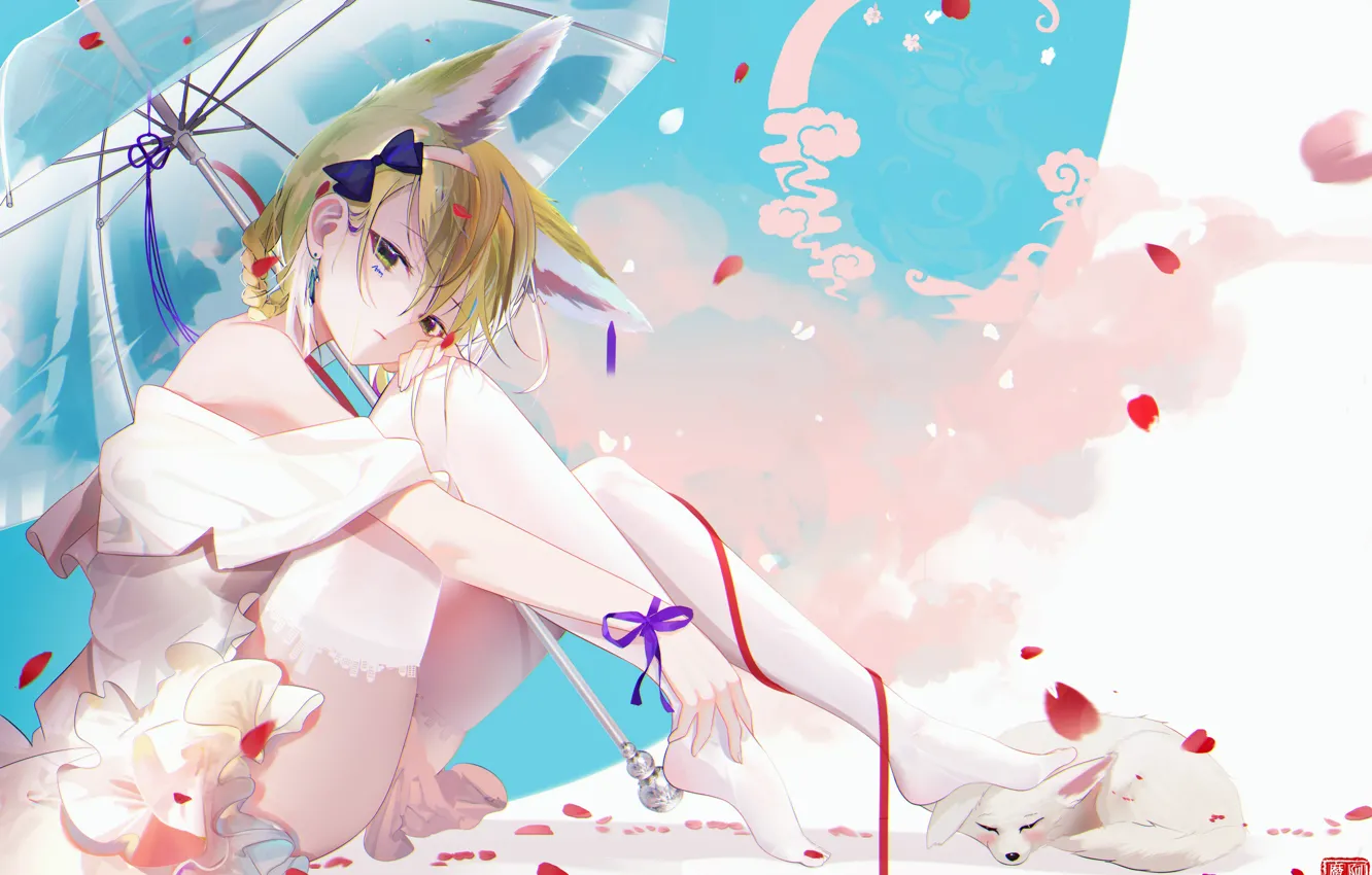 Photo wallpaper girl, umbrella, petals, ears, Fenech, Arknights, Suzuran