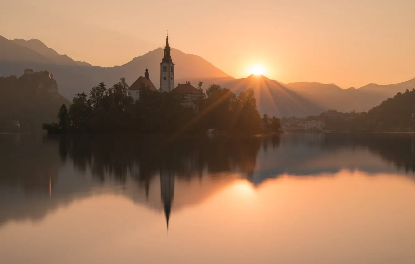 Photo wallpaper summer, mountains, lake, dawn, morning, Church, Sergey Serushkin