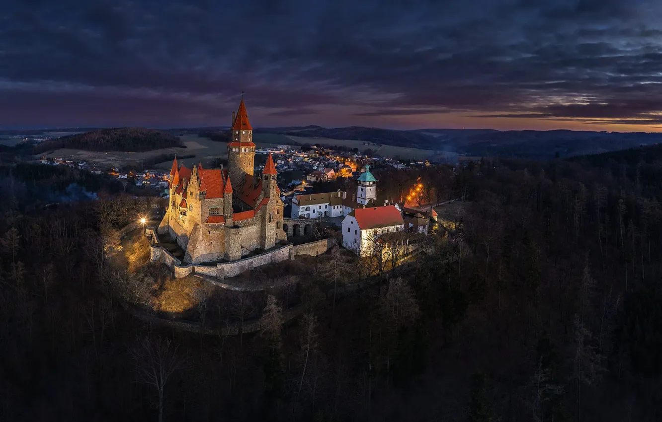Photo wallpaper forest, the sky, night, lights, castle, hills, view, height