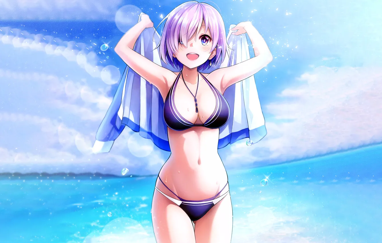 Photo wallpaper girl, sexy, beach, sea, boobs, anime, beautiful, short hair