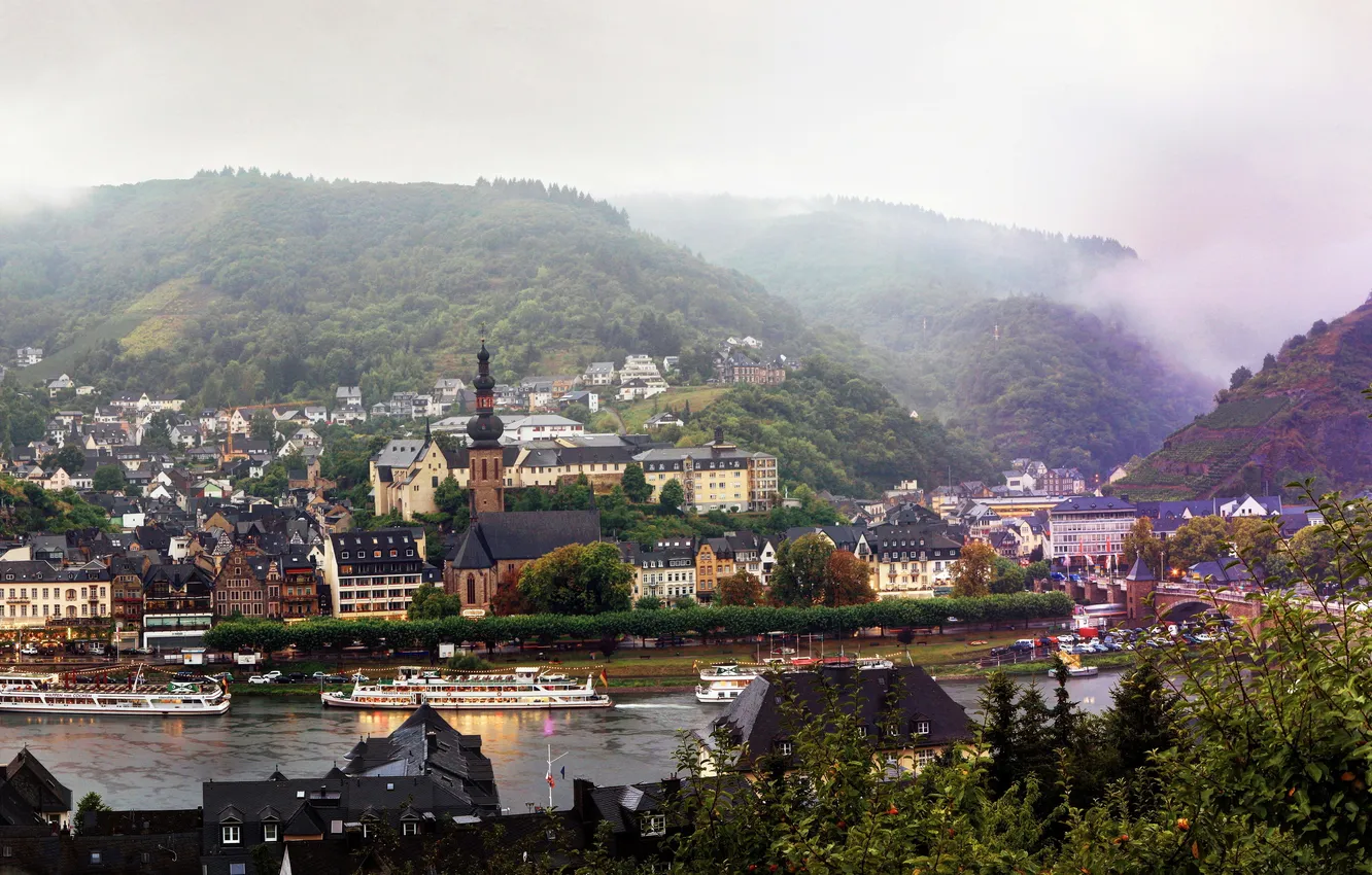 Photo wallpaper mountains, the city, river, photo, home, Germany, Cochem