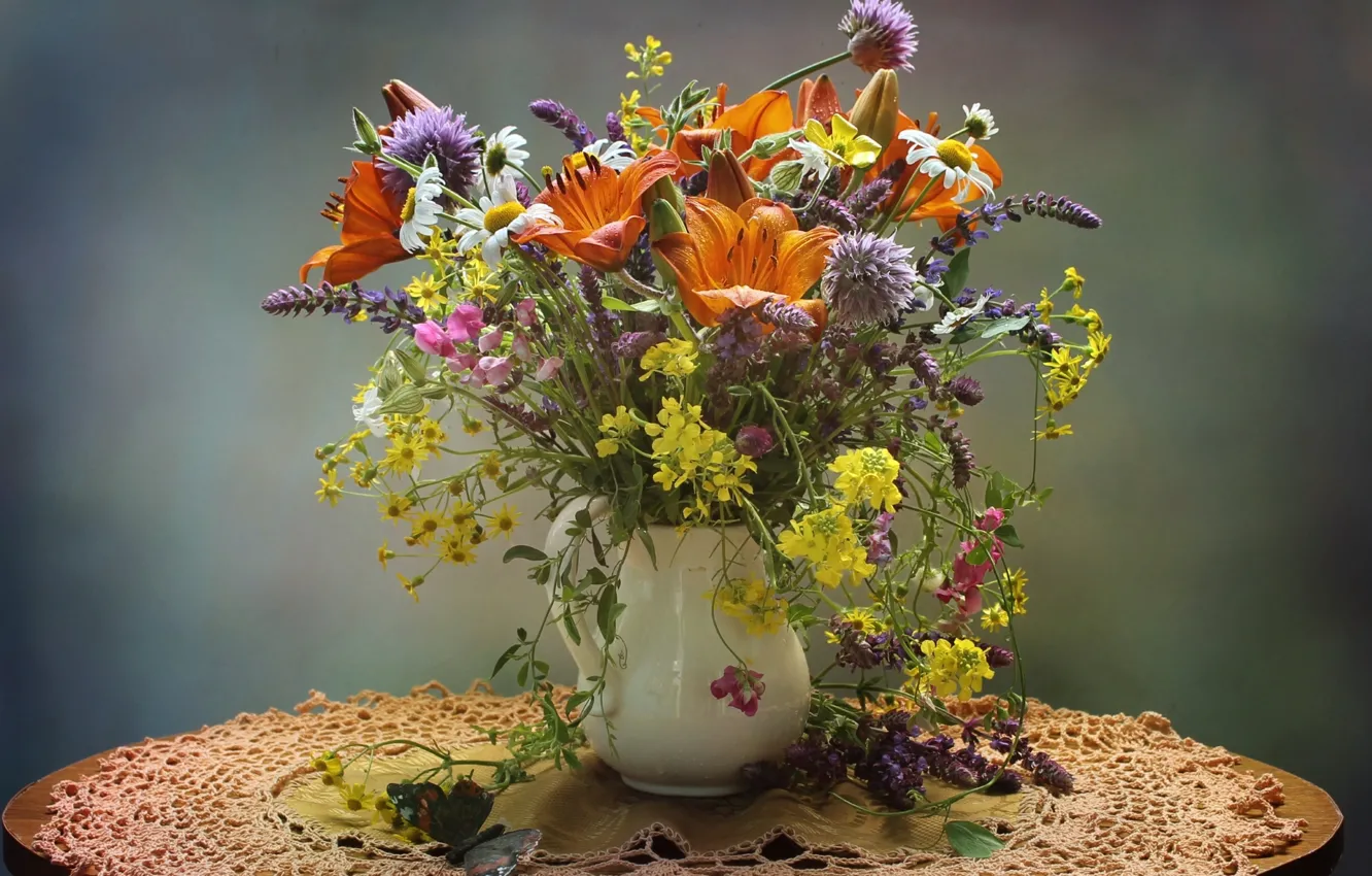 Photo wallpaper summer, Lily, bouquet, field, sweet peas