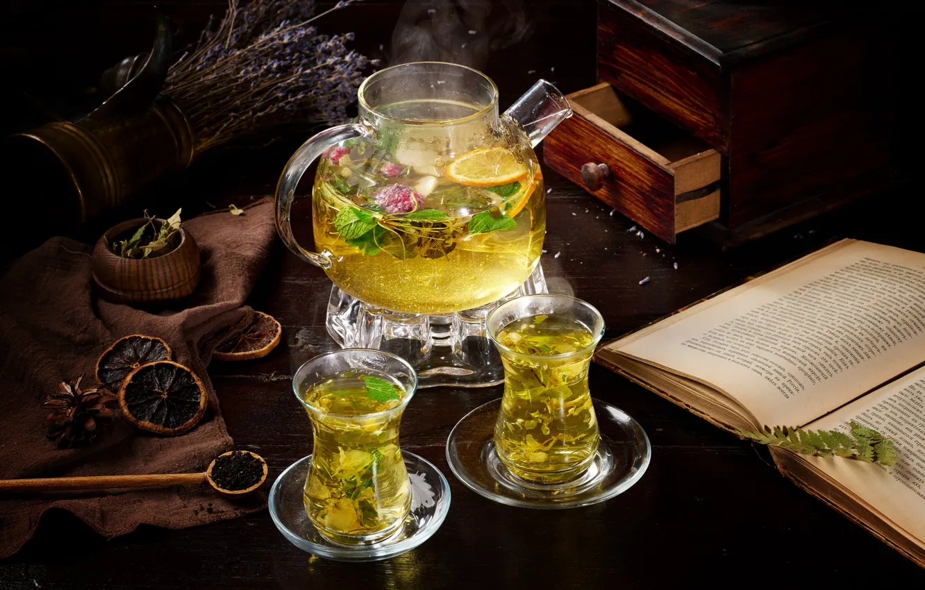 Photo wallpaper glass, flowers, the dark background, table, lemon, tea, glass, hot