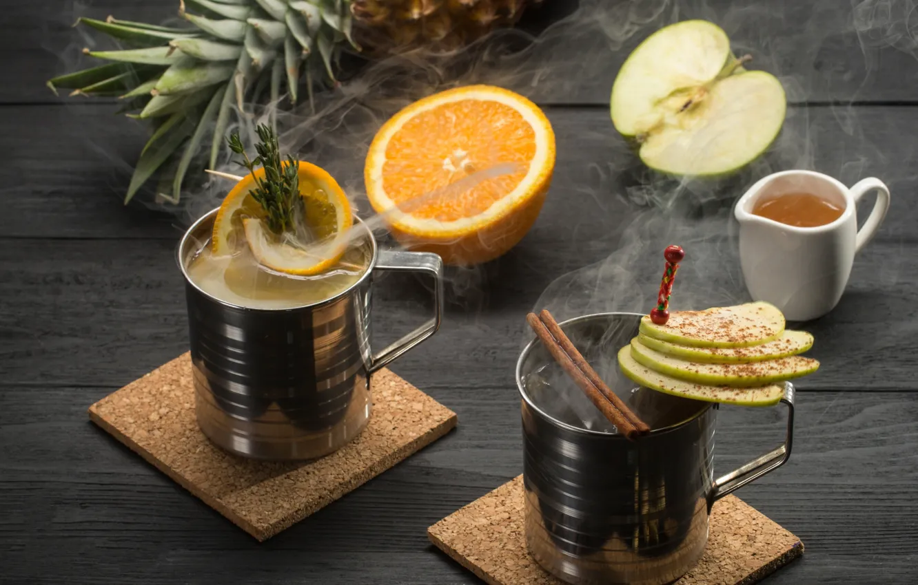 Photo wallpaper tea, apples, orange, honey, pineapple