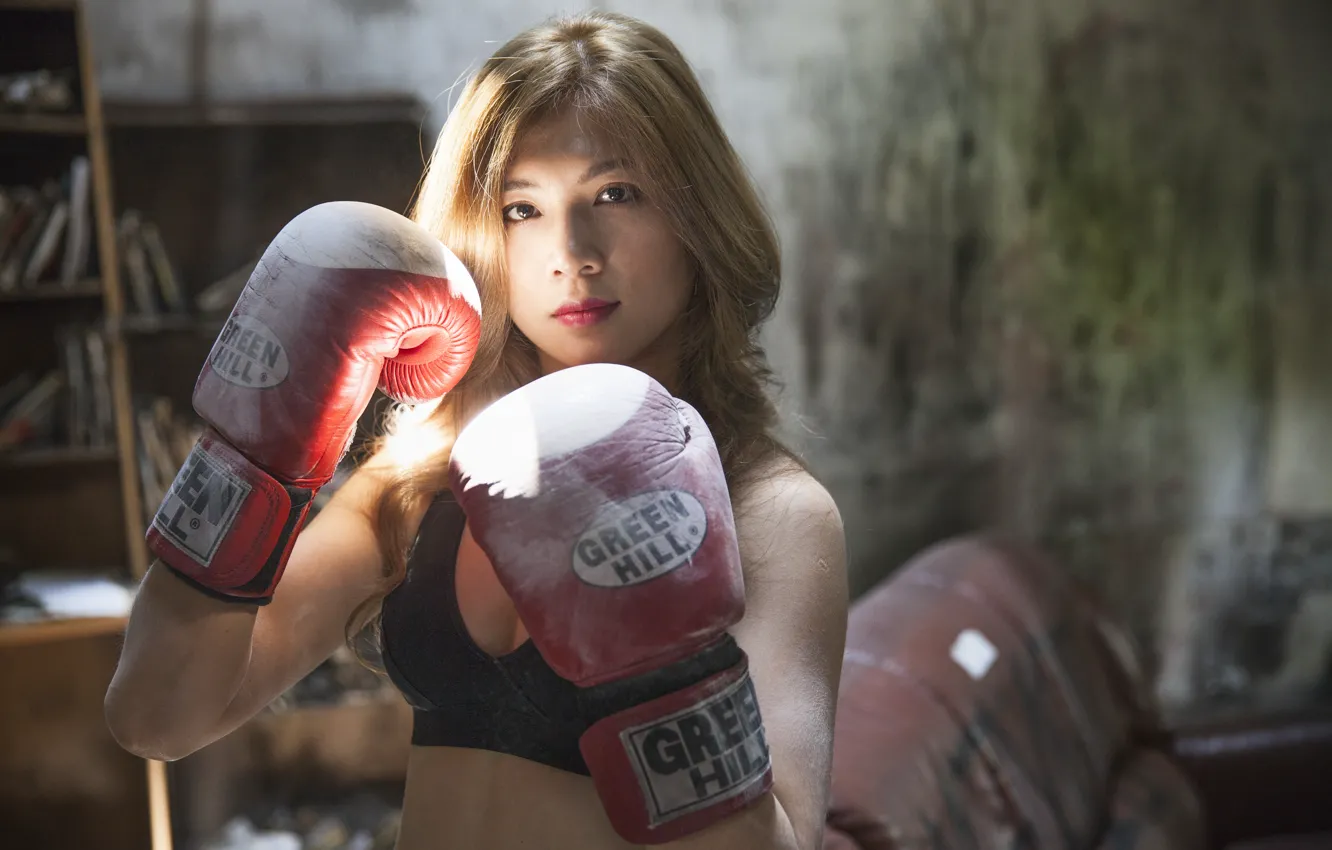 Photo wallpaper look, girl, face, Boxing, gloves, Asian