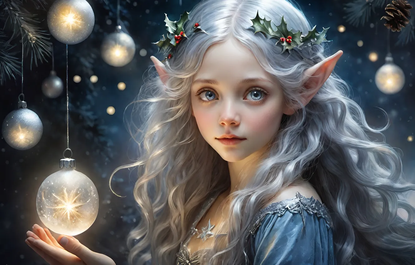 Photo wallpaper girl, balls, new year, Christmas, girl, elf, AI art, neural network
