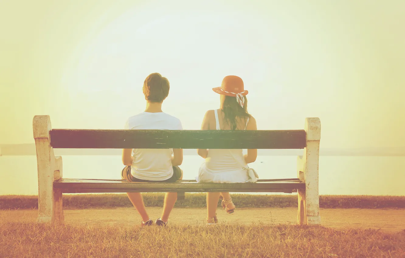 Photo wallpaper summer, girl, bench, feelings, hat, guy, two