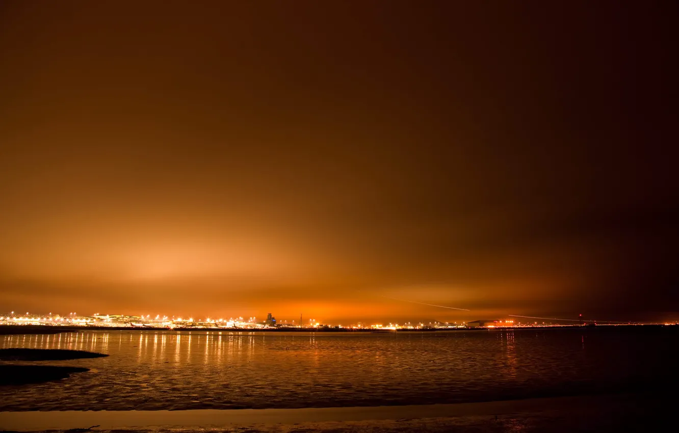 Photo wallpaper sea, landscape, sunset, nature, city, the city, river