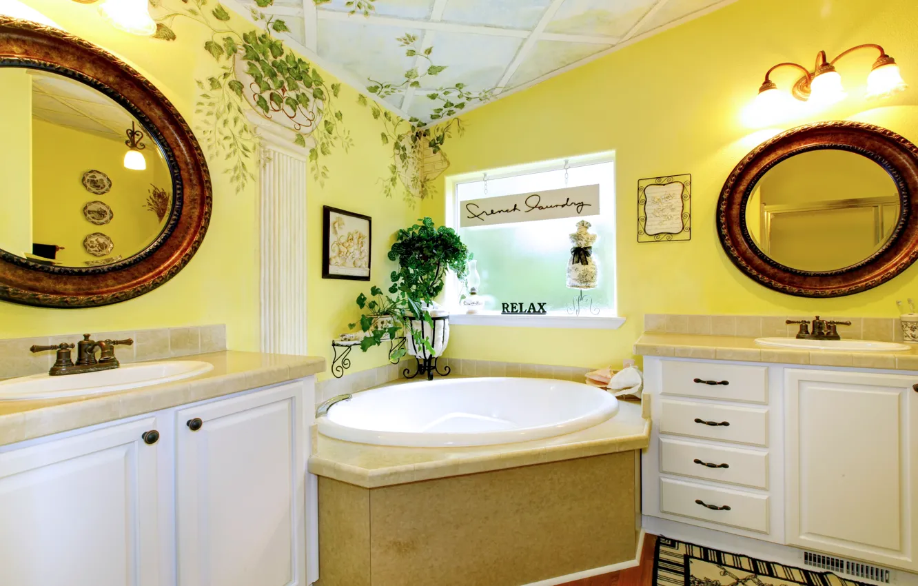 Photo wallpaper mirror, bath, lamp, design, interior, bathroom