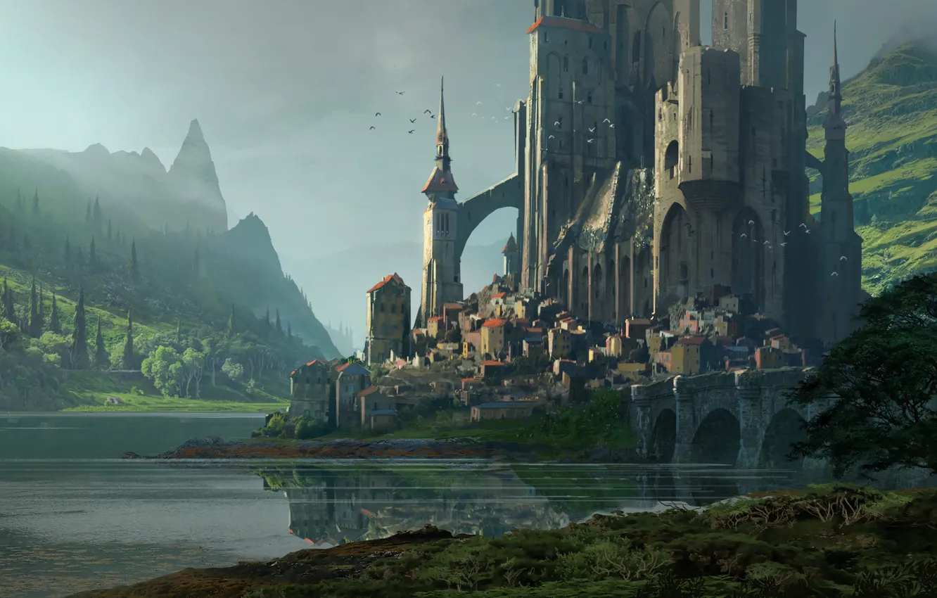 Photo wallpaper mountains, castle, pond, settlement, Raphael Lacoste, KvasIr Fortress