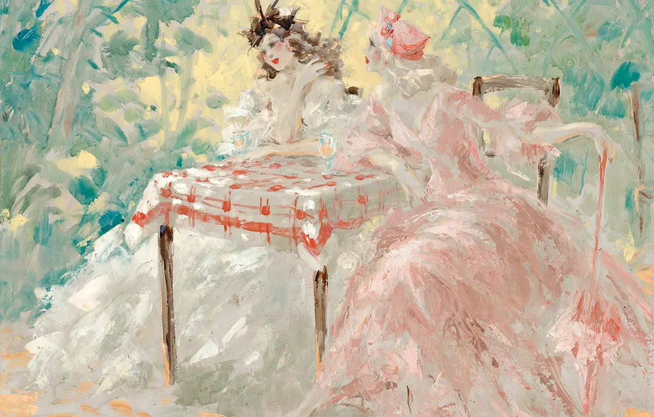 Photo wallpaper table, glass, Louis Icart, In the gazebo