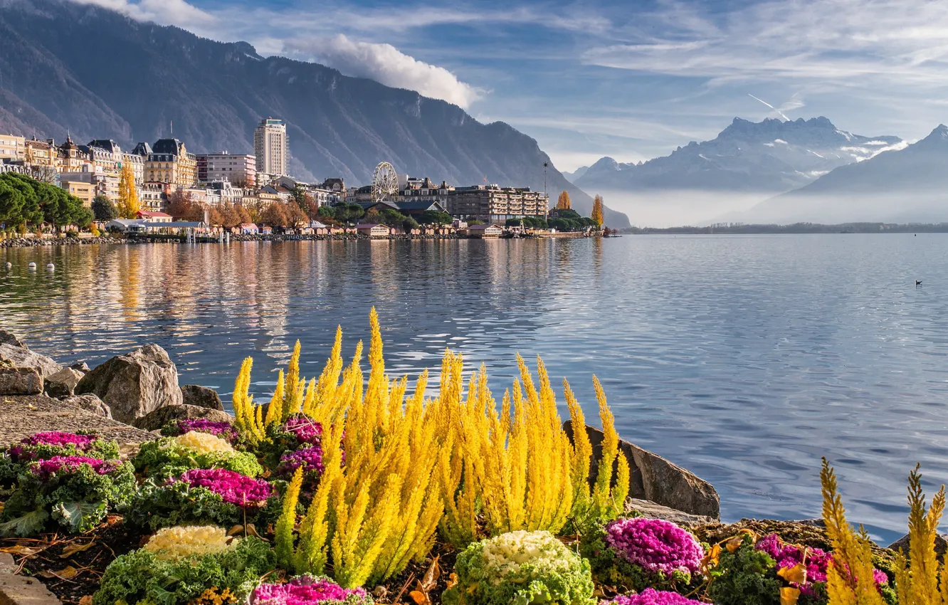 Photo wallpaper sea, flowers, mountains, nature, Switzerland, Montreux