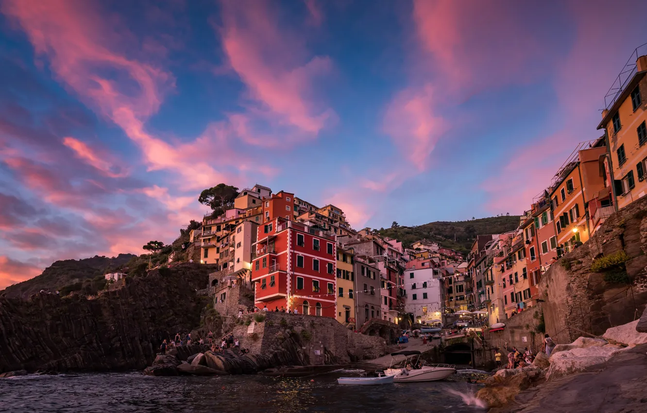 Photo wallpaper sea, the sky, clouds, landscape, sunset, the city, blue, rocks
