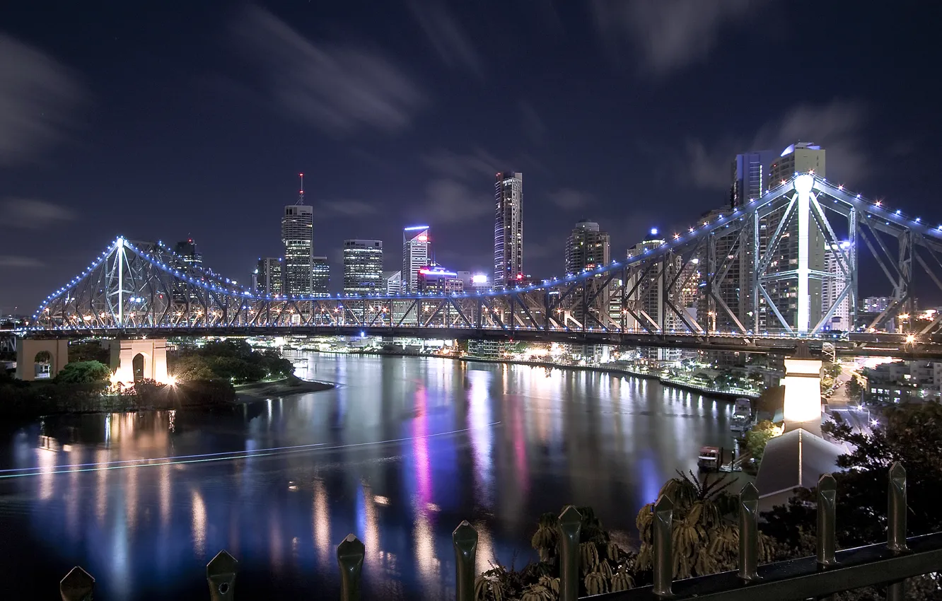 Photo wallpaper bridge, lights, river, home, skyscrapers, night city