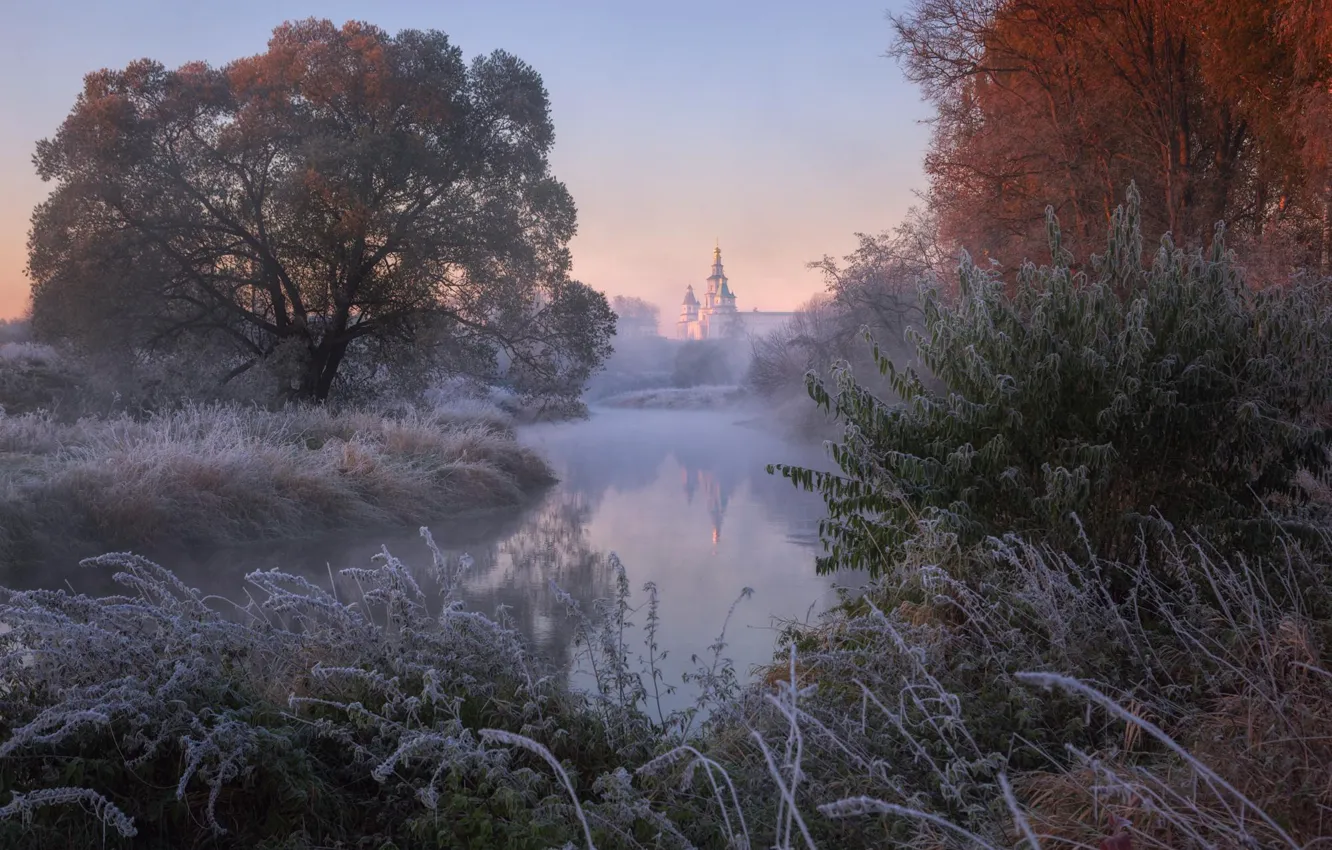 Photo wallpaper autumn, grass, landscape, fog, river, shore, freezing, Istra