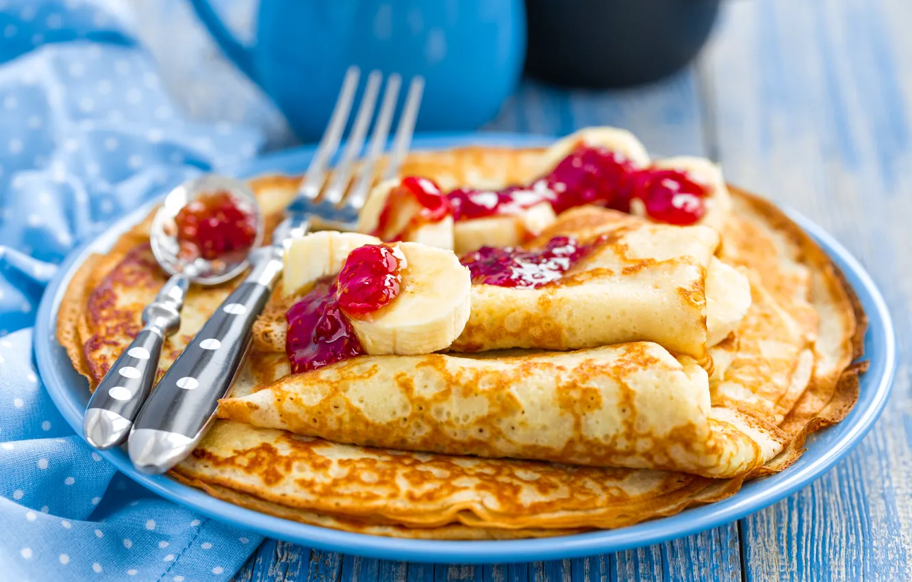 Photo wallpaper bananas, pancakes, cakes, jam, banana, pancakes