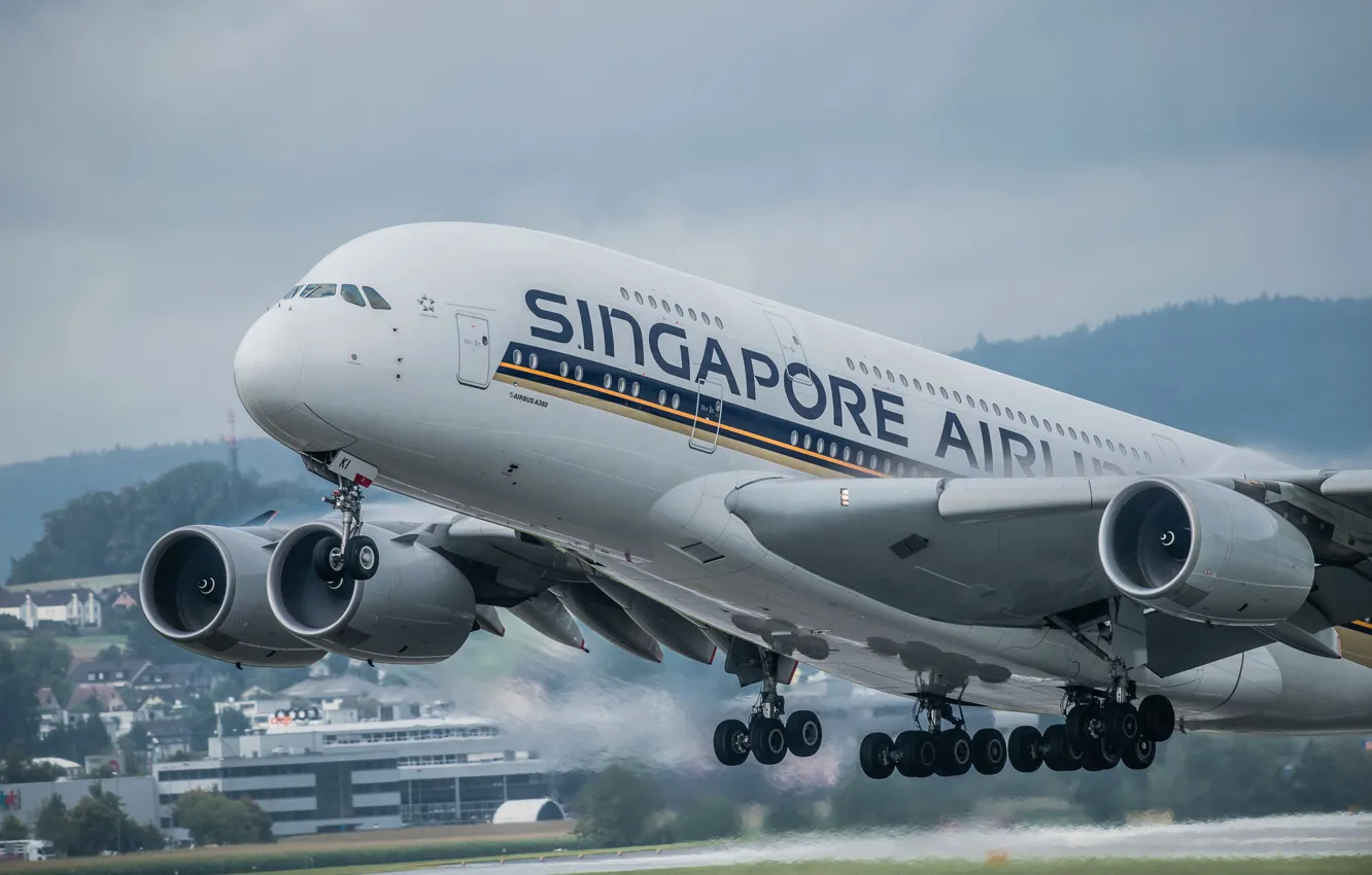 Photo wallpaper the plane, jet, A380, passenger, widebody, double deck, four-engined, Singapore Airlines