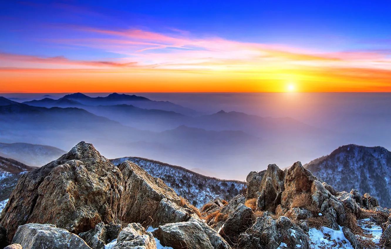 Photo wallpaper sky, landscape, nature, sunset, South Korea, mountains, clouds, rocks