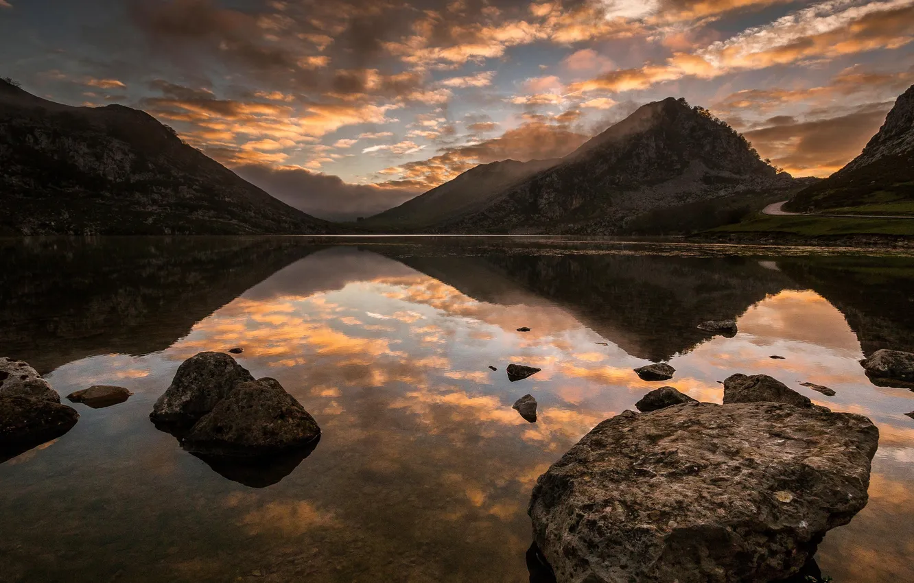 Photo wallpaper clouds, mountains, beauty, space, Spain, sunrise, water surface, peace