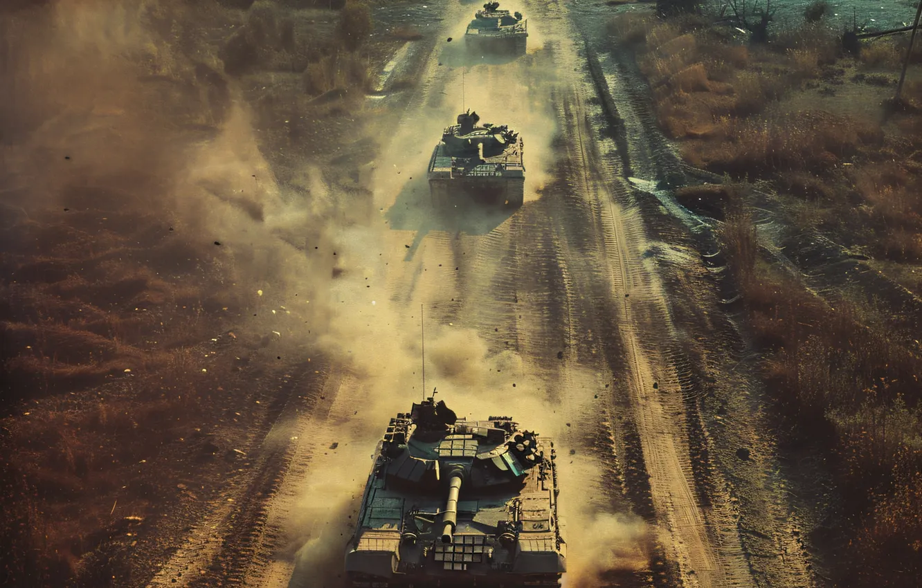 Photo wallpaper road, retro, smoke, dust, top, tank, columns, digital art
