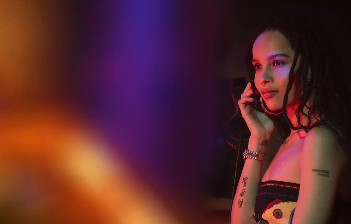Photo wallpaper background, makeup, headphones, actress, brunette, tattoo, hairstyle, Zoe Kravitz