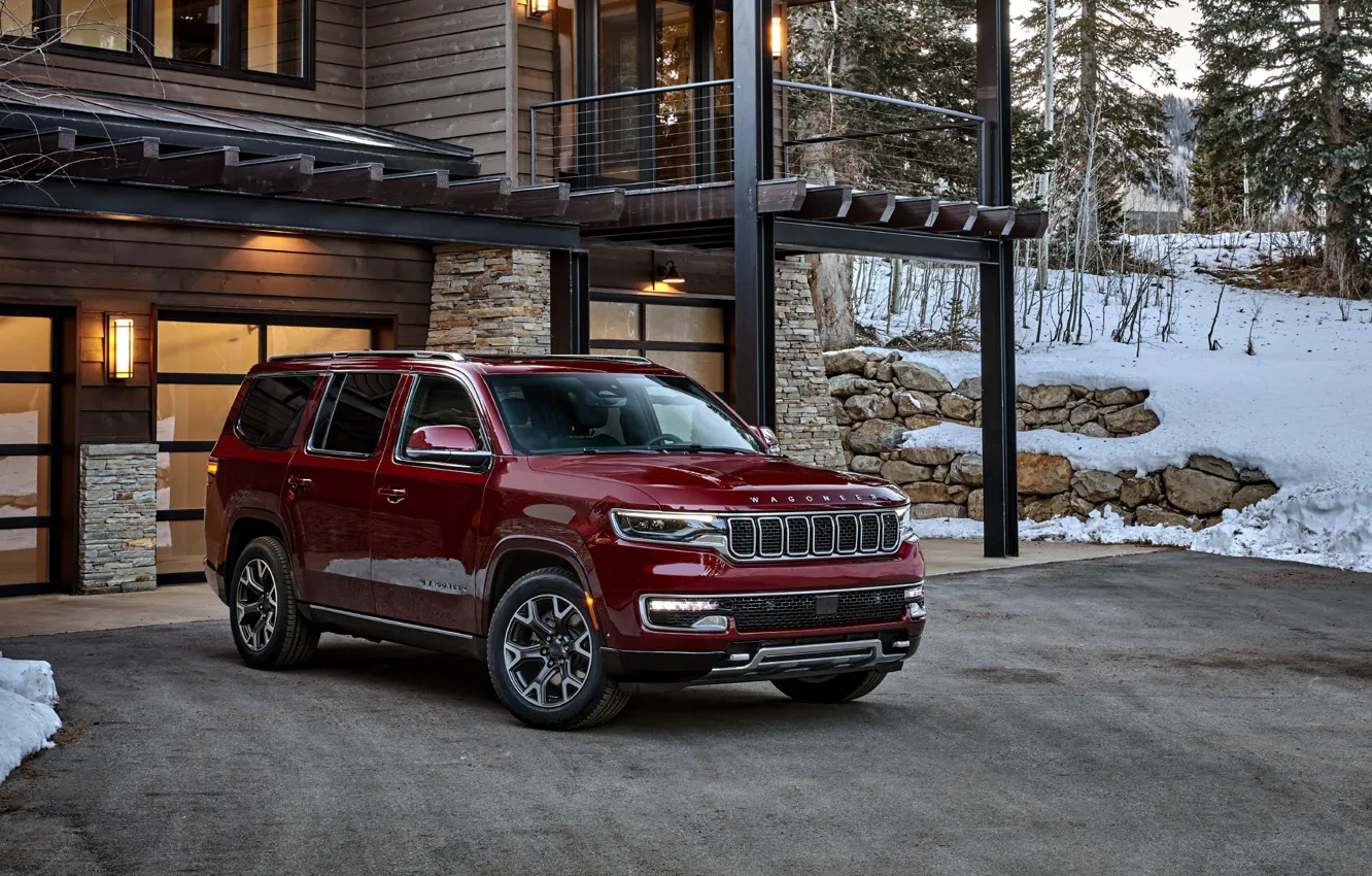 Photo wallpaper red, house, wood, snow, jeep, crossover, crossover, premium