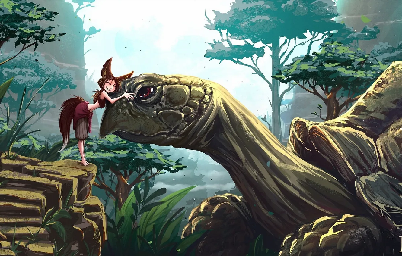 Photo wallpaper girl, trees, turtle, art, friendship, Fox