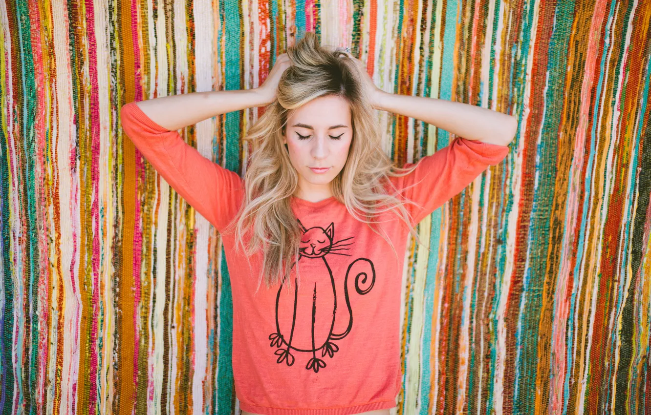 Photo wallpaper cat, girl, strips, figure, blonde, jacket