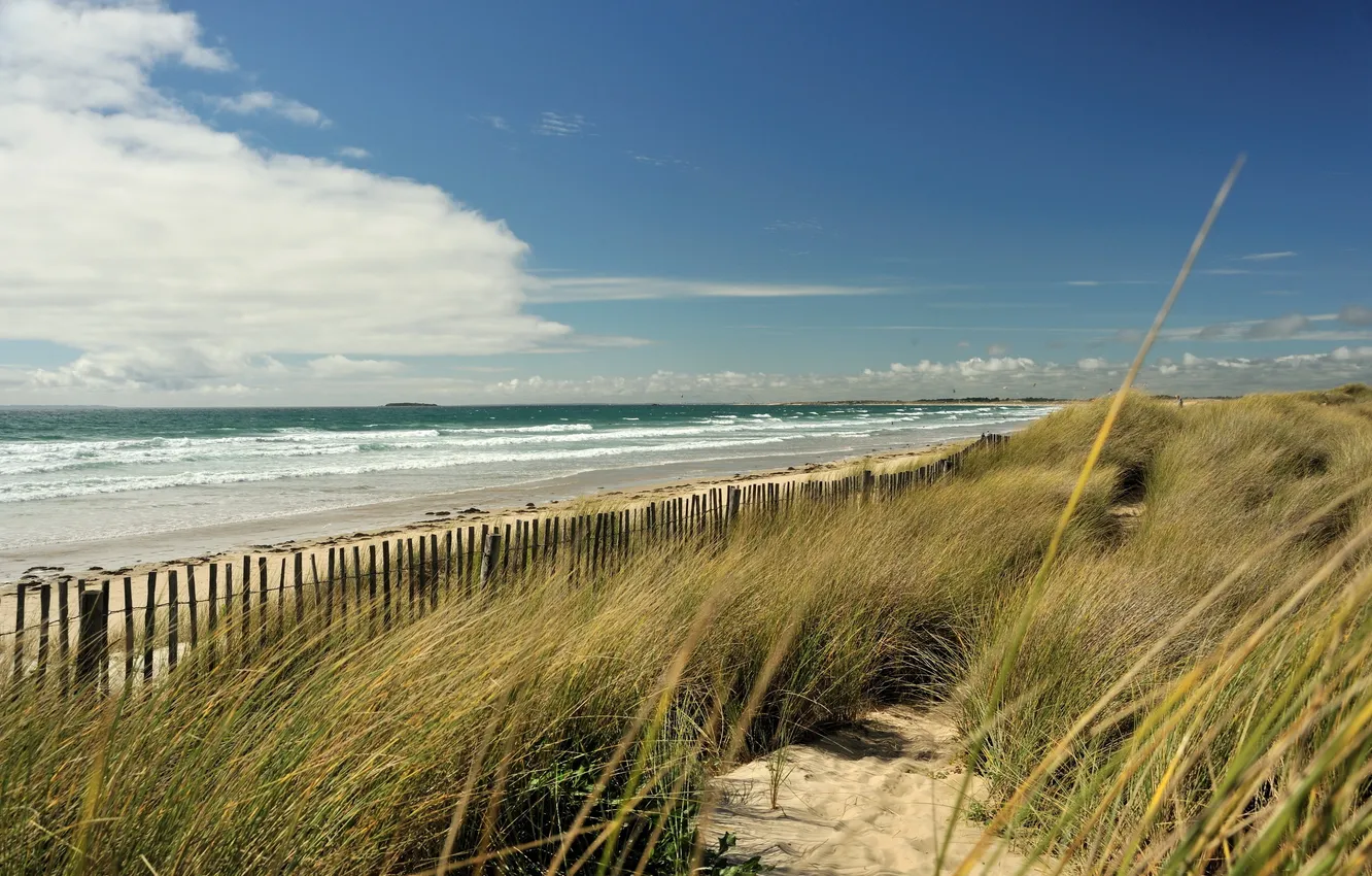 Photo wallpaper sea, the sky, landscape, the fence, dunes